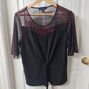 Adele & May Black Front-Tie Blouse, Red Glitter Mesh Yoke, Size XL